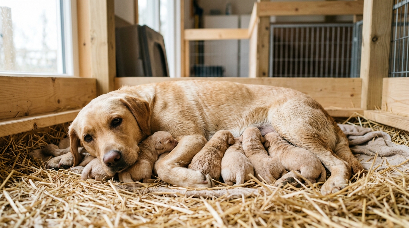 Chienne labrador et sa portée de chiots dans un élevage