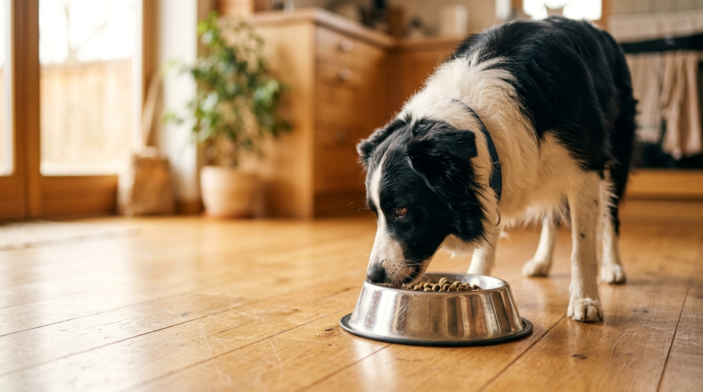Chien adulte mangeant dans sa gamelle