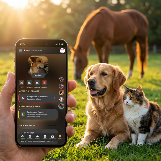 L'application du propriétaire sur un téléphone, à côté de ses animaux