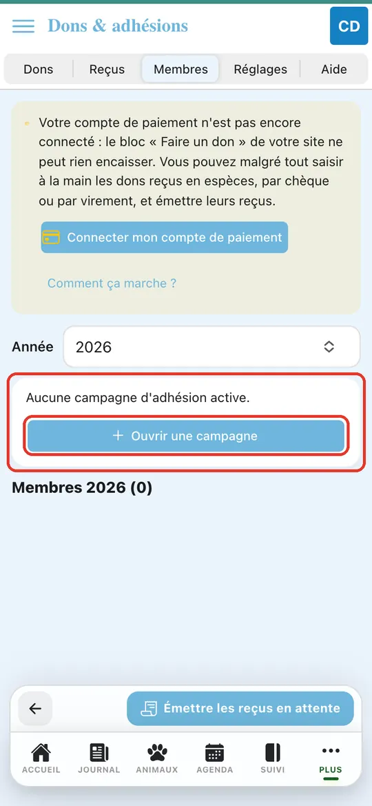 Capture de l'application : Carte « Aucune campagne d'adhésion active », bouton Ouvrir une campagne