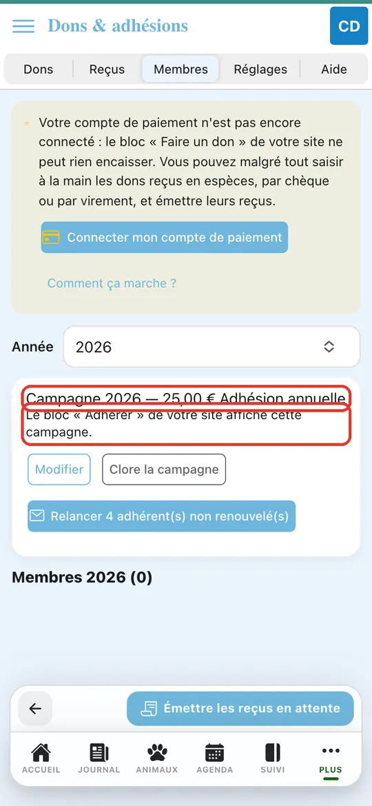 Capture de l'application : Carte Campagne 2026 — 25,00 € Adhésion annuelle