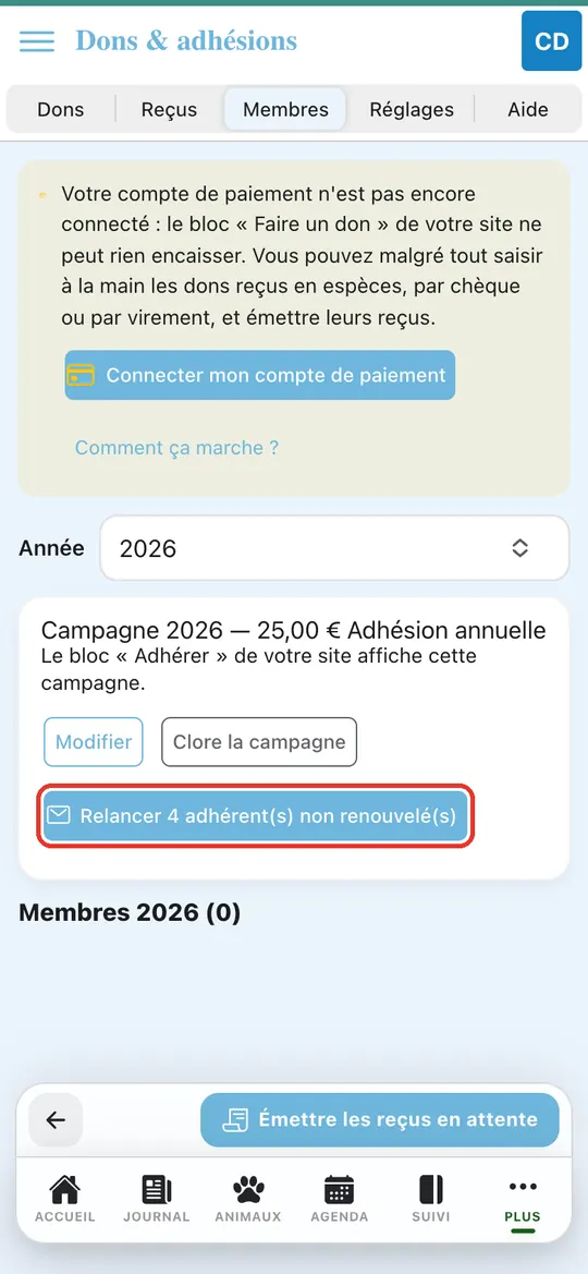 Capture de l'application : Bouton « Relancer 4 adhérent(s) non renouvelé(s) »