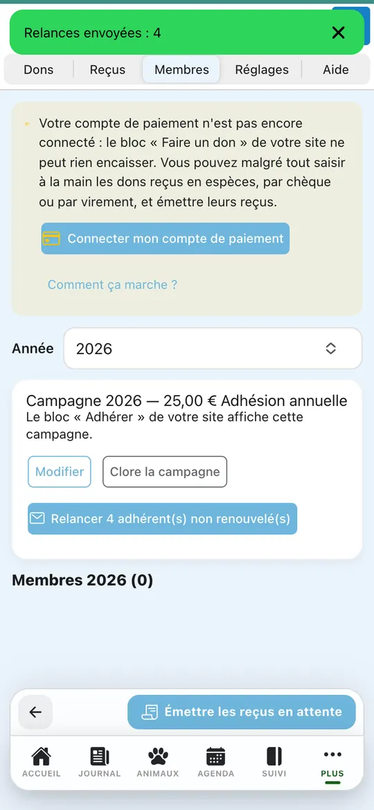 Capture de l'application : Message « Relances envoyées : 4 »