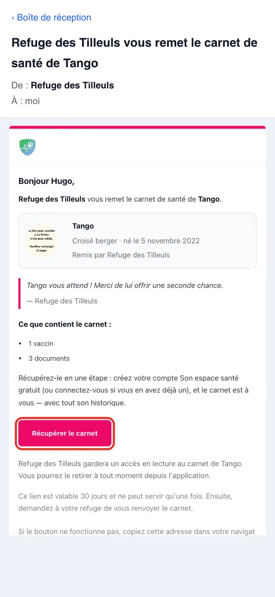 Capture de l'application : Bouton « Récupérer le carnet »