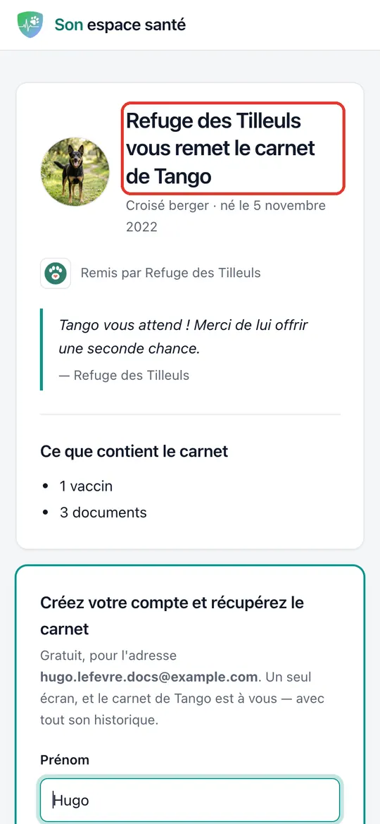 Capture de l'application : Page du carnet : « Refuge des Tilleuls vous remet le carnet de Tango »