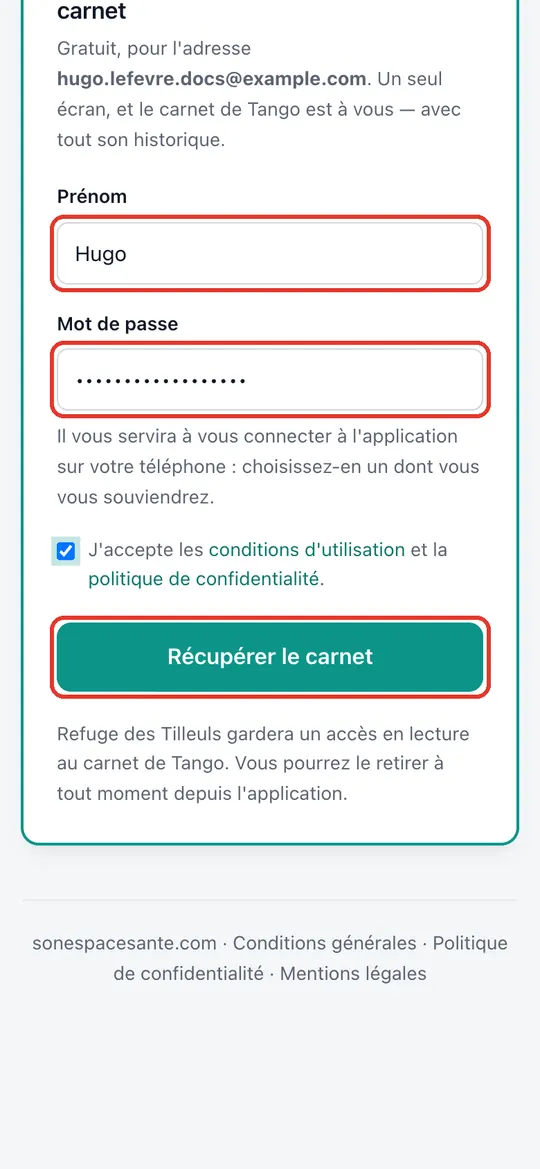 Capture de l'application : Formulaire : prénom Hugo, mot de passe, case cochée, bouton