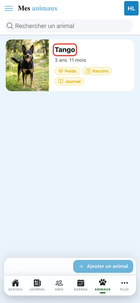Capture de l'application : Son Espace Santé, onglet Animaux : Tango