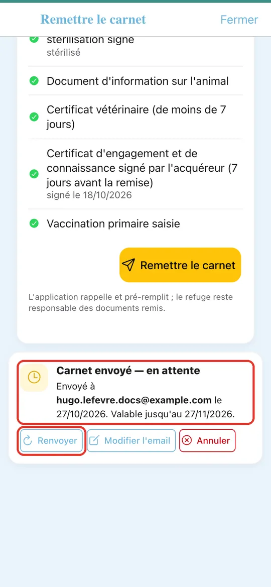 Capture de l'application : Carte d'état de la remise : envoyé le…, valable jusqu'au…