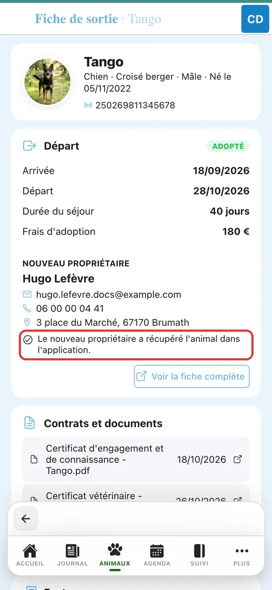 Capture de l'application : Fiche de sortie : « Le nouveau propriétaire a récupéré l'animal dans l'application »