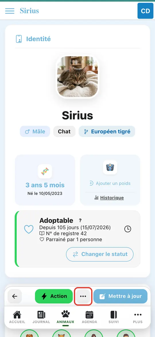 Capture de l'application : Fiche de Sirius : photo, statut Adoptable. Appui sur …