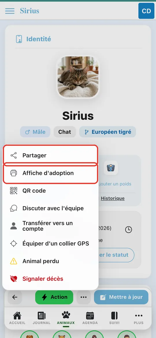 Capture de l'application : Menu ouvert : Partager, Affiche d'adoption, QR code…