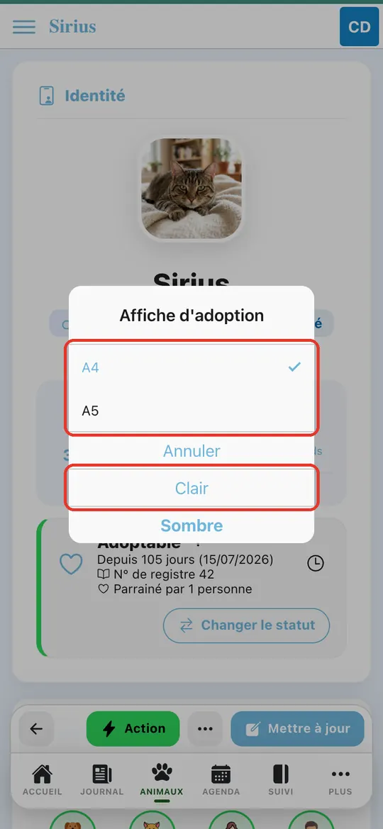 Capture de l'application : Fenêtre Affiche d'adoption : A4 / A5, Annuler, Clair, Sombre