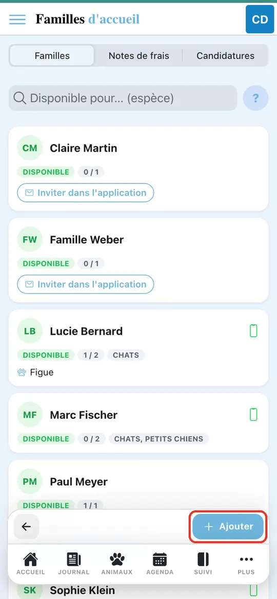 Capture de l'application : Liste des familles d'accueil (cartes). Appui sur « Ajouter » dans la barre d'actions