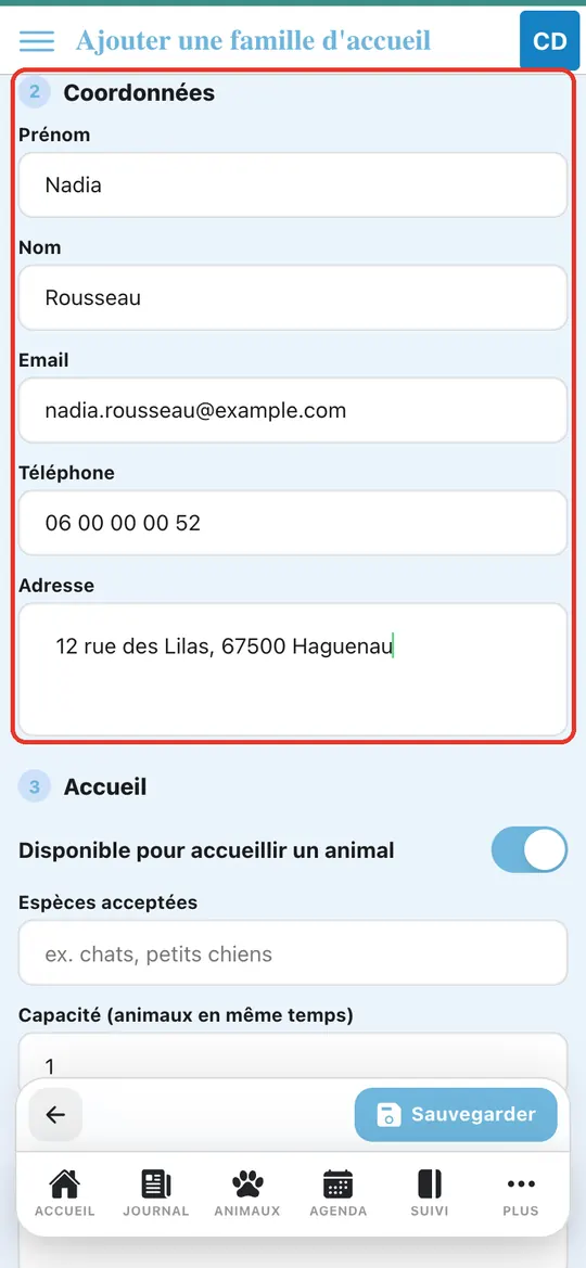 Capture de l'application : Saisie des coordonnées de « Nadia Rousseau »