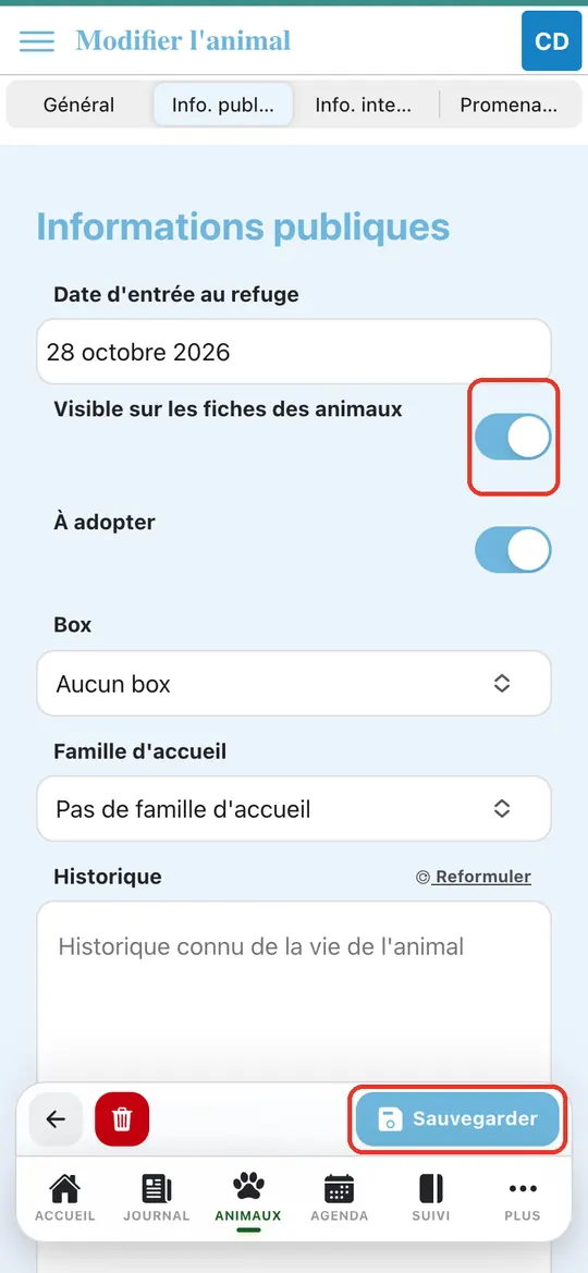 Capture de l'application : Interrupteur passé au vert, bouton Sauvegarder