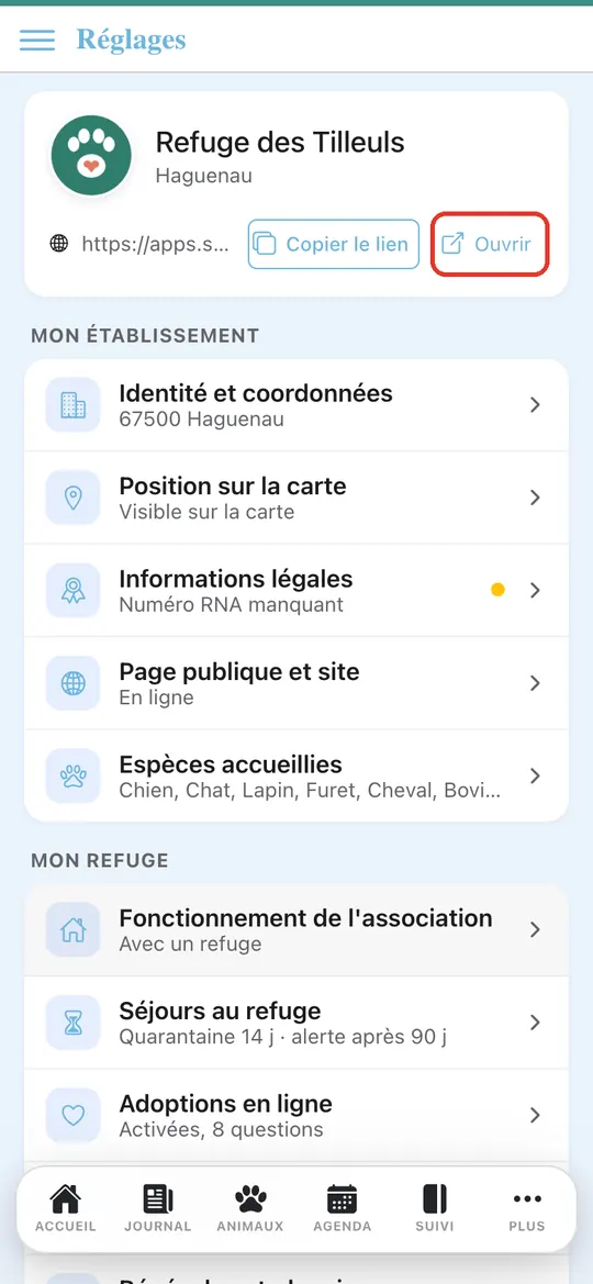 Capture de l'application : Réglages : lien de la page publique, boutons Copier le lien et Ouvrir