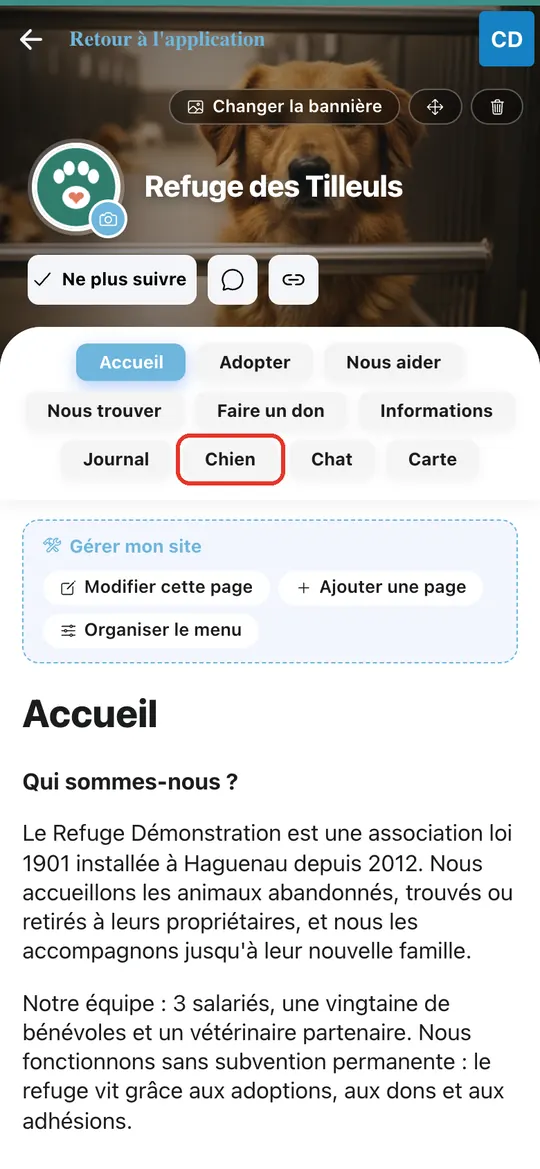Capture de l'application : Page publique du Refuge des Tilleuls : en-tête, menu (Accueil, Adopter, Chien, Chat…), présentation