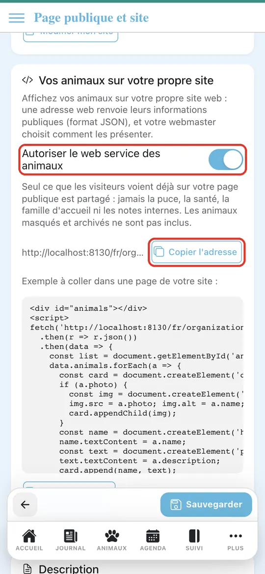 Capture de l'application : Carte « Vos animaux sur votre propre site » : interrupteur activé, adresse du web service, Copier l'adresse