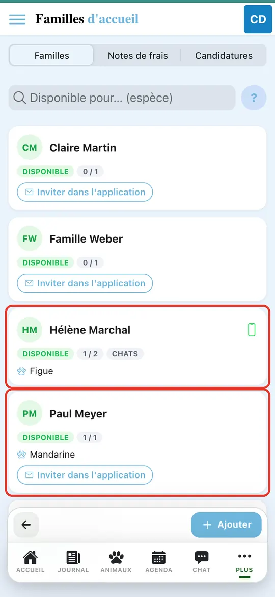 Capture de l'application : Liste des familles : disponibilités, capacité, animaux accueillis