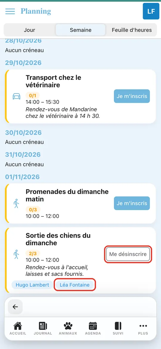 Capture de l'application : Carte du créneau : Hugo et Léa inscrits (2/3), bouton « Me désinscrire »