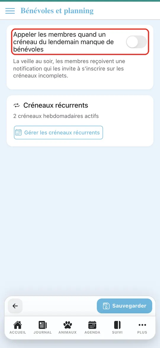 Capture de l'application : Interrupteur « Appeler les membres… » sur arrêt