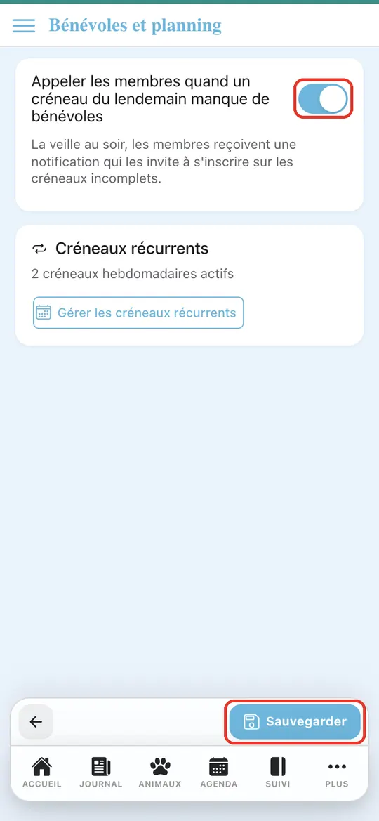 Capture de l'application : Interrupteur passé au vert. Appui sur « Sauvegarder »