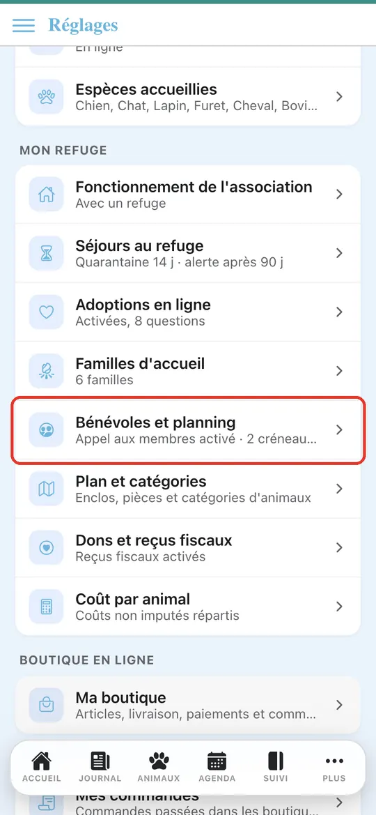 Capture de l'application : Réglages : « Appel aux membres activé »
