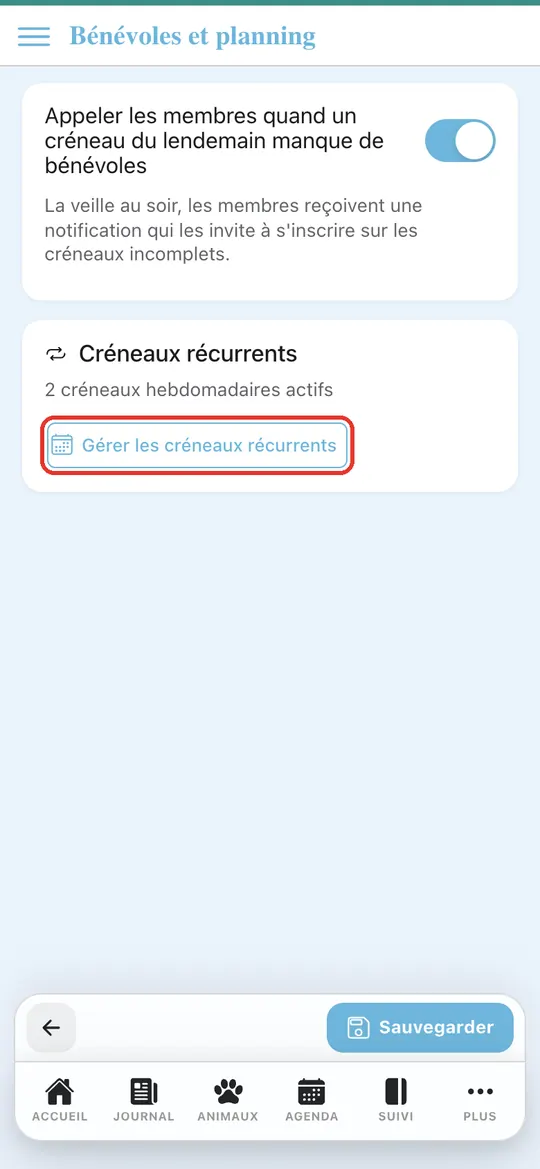 Capture de l'application : Page Bénévoles et planning, appui sur « Gérer les créneaux récurrents »