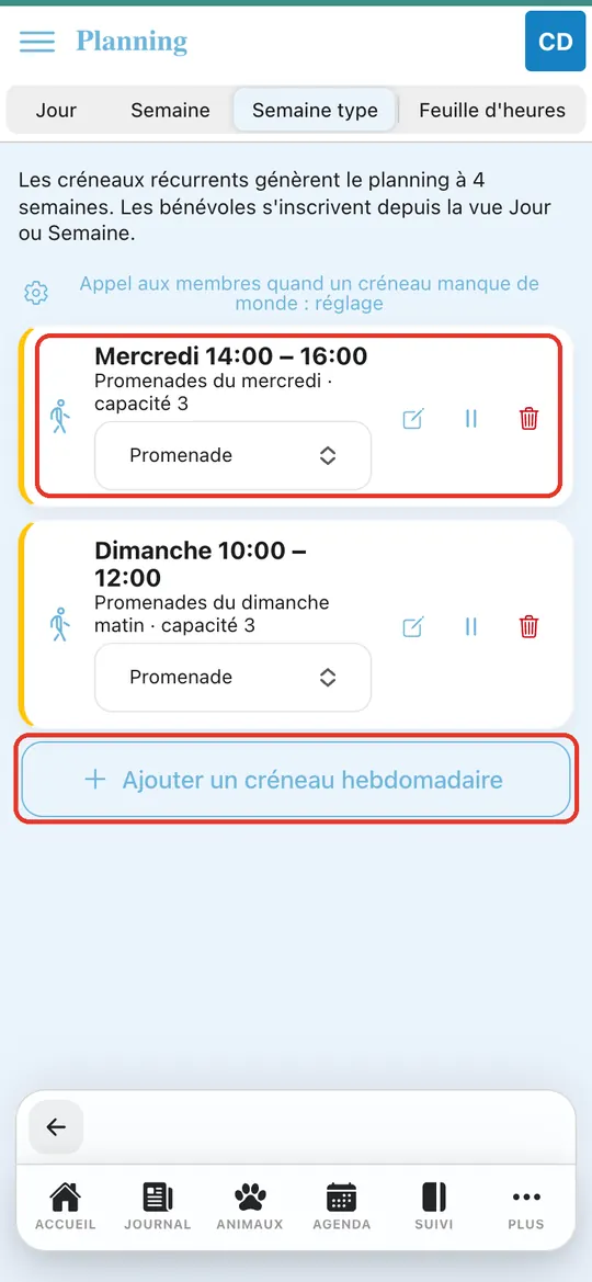 Capture de l'application : Onglet Semaine type : créneaux du mercredi et du dimanche, bouton d'ajout