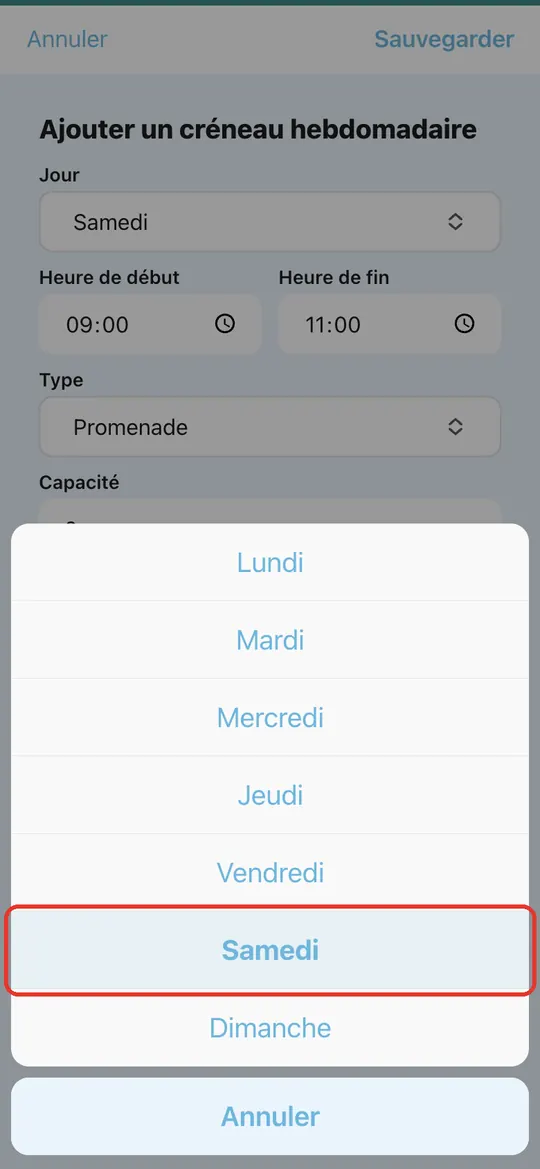 Capture de l'application : Liste des jours ouverte par le bas, appui sur « Samedi »