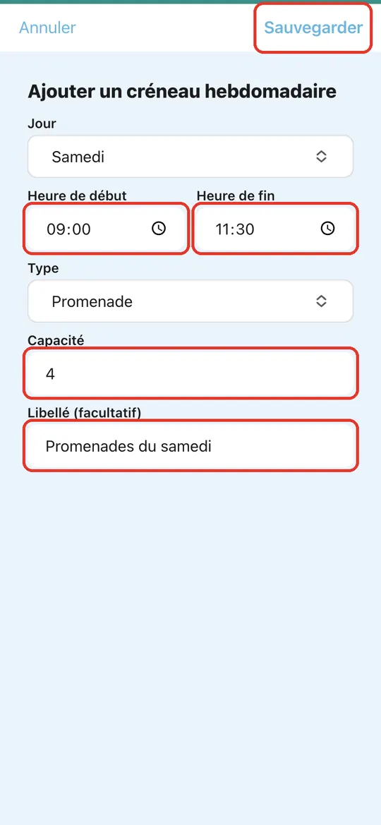 Capture de l'application : Saisie : 09:00 – 11:30, capacité 4, « Promenades du samedi ». Appui sur « Sauvegarder » en haut à droite