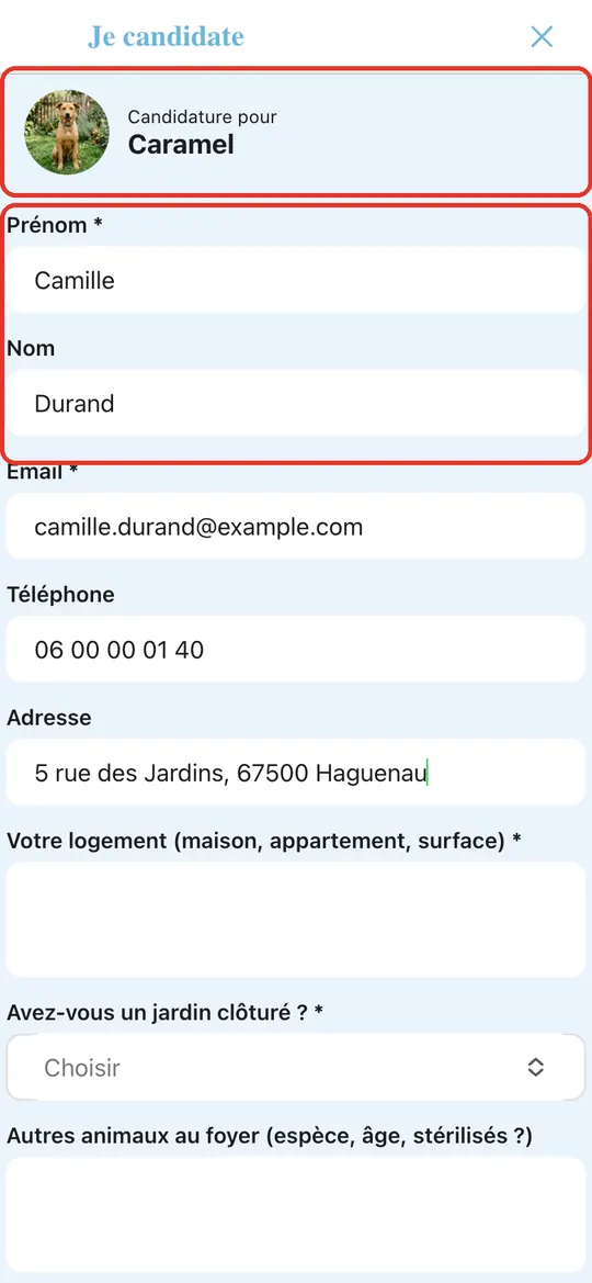 Capture de l'application : « Candidature pour Caramel », prénom, nom, email, téléphone