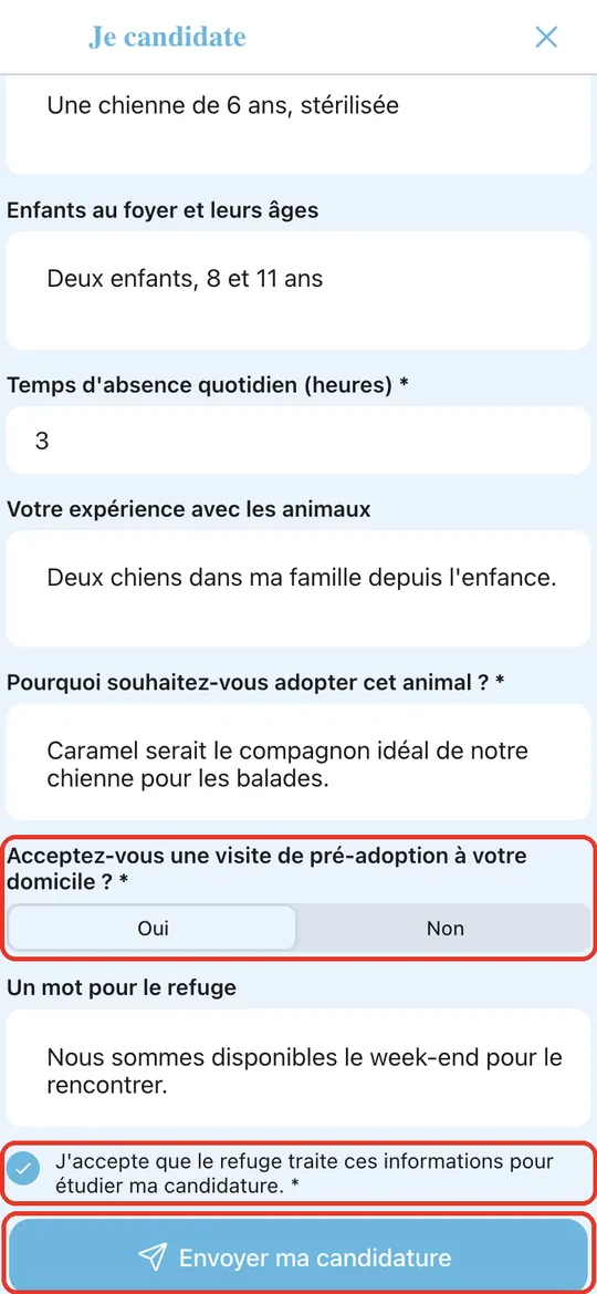 Capture de l'application : Visite acceptée, case de consentement cochée, bouton d'envoi