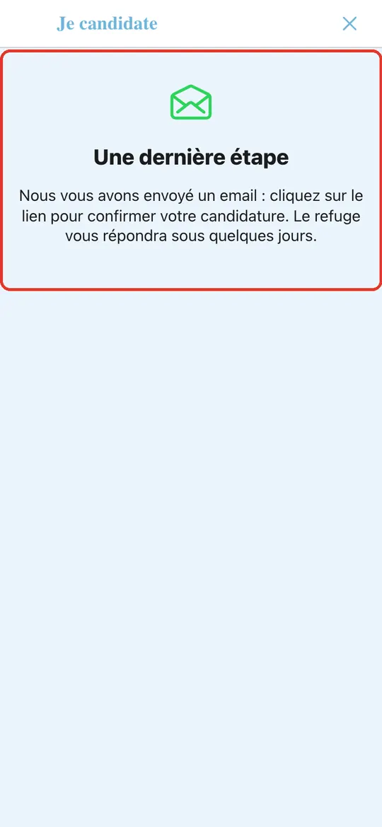 Capture de l'application : Message « Une dernière étape »