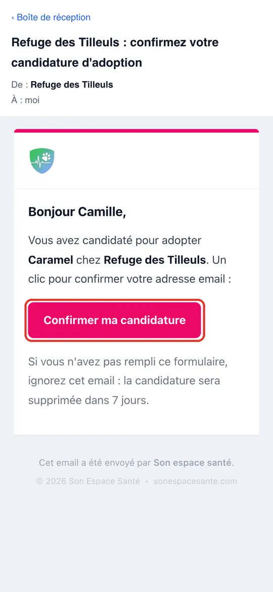 Capture de l'application : Email de confirmation, bouton