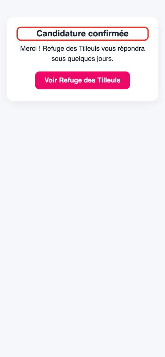 Capture de l'application : Page « Candidature confirmée »