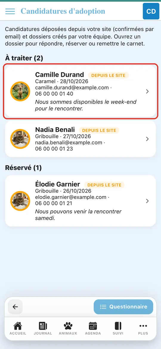 Capture de l'application : Page Candidatures d'adoption : Camille Durand, Caramel