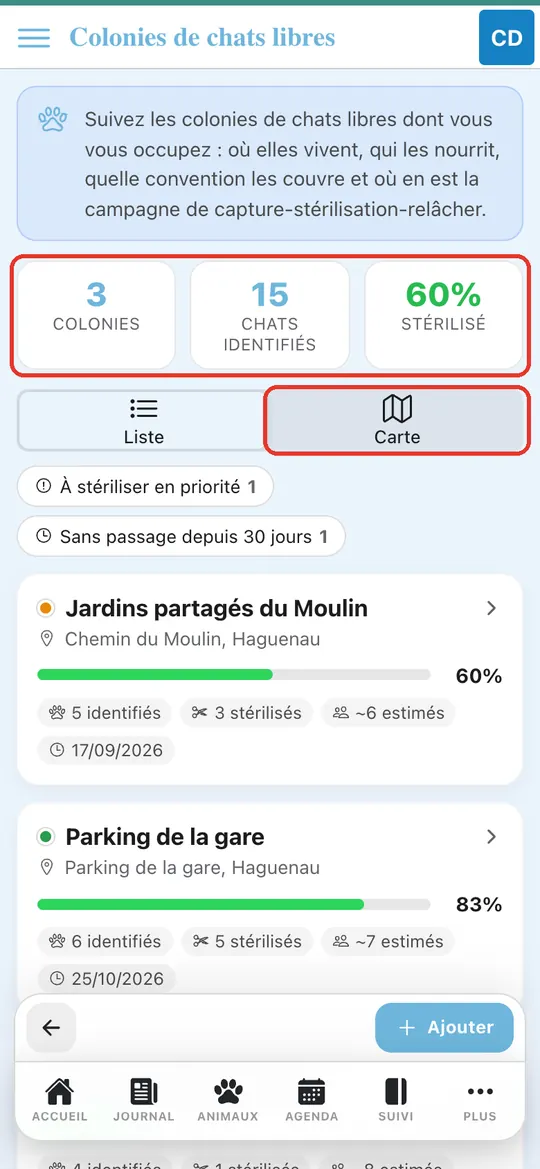 Capture de l'application : Liste des 3 colonies avec chiffres clés, bouton Carte