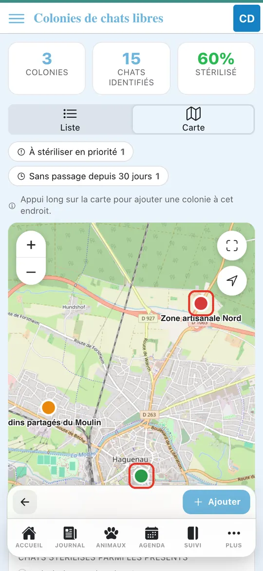 Capture de l'application : Carte de Haguenau : un point vert, un orange, un rouge ; légende sous la carte