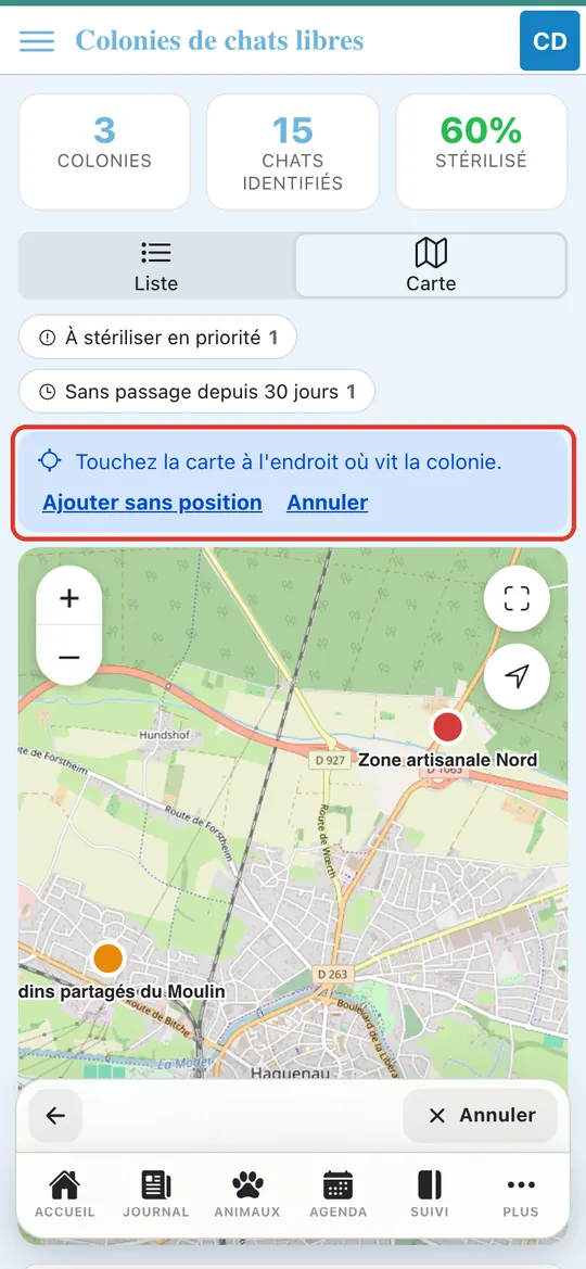 Capture de l'application : Bandeau « Touchez la carte à l'endroit où vit la colonie »