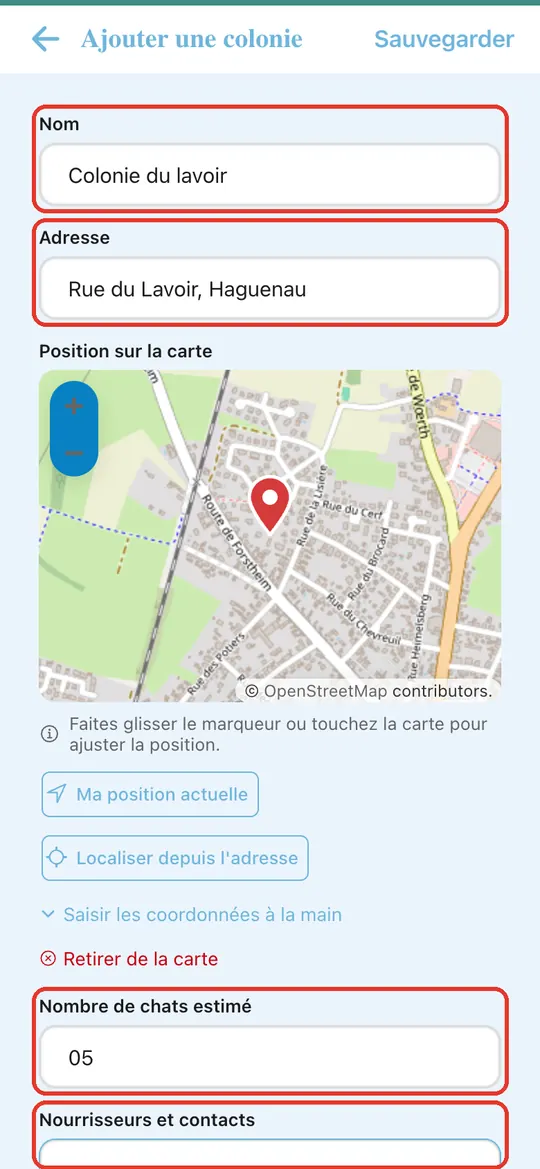 Capture de l'application : Formulaire Ajouter une colonie : nom, adresse, nombre estimé, nourrisseurs