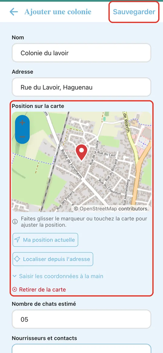 Capture de l'application : Mini-carte Position sur la carte avec le point ; bouton Sauvegarder dans l'en-tête