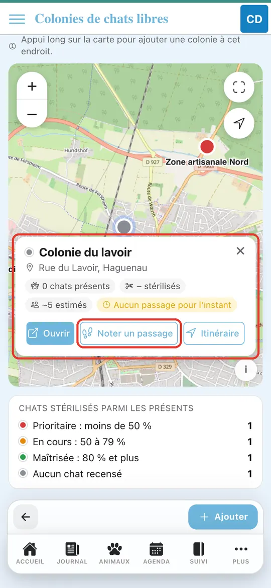 Capture de l'application : Résumé de la Colonie du lavoir : 0 chats présents, ~5 estimés, boutons Ouvrir, Noter un passage, Itinéraire