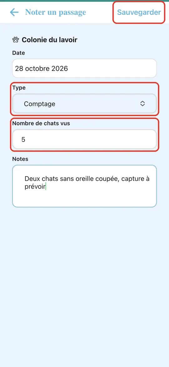 Capture de l'application : Formulaire Noter un passage : type Comptage, 5 chats vus, note