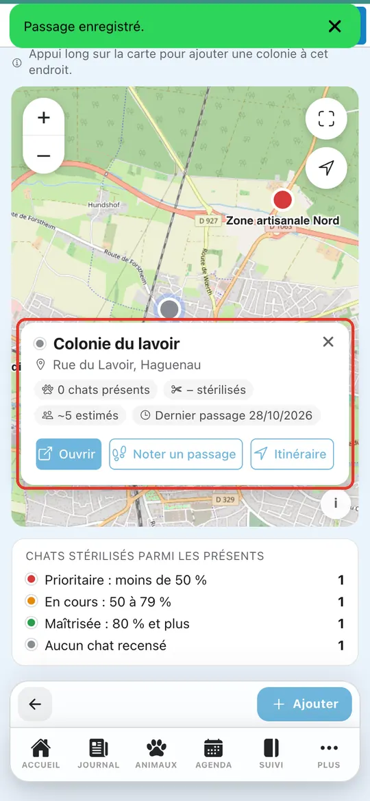 Capture de l'application : Résumé de la colonie mis à jour avec la date du passage