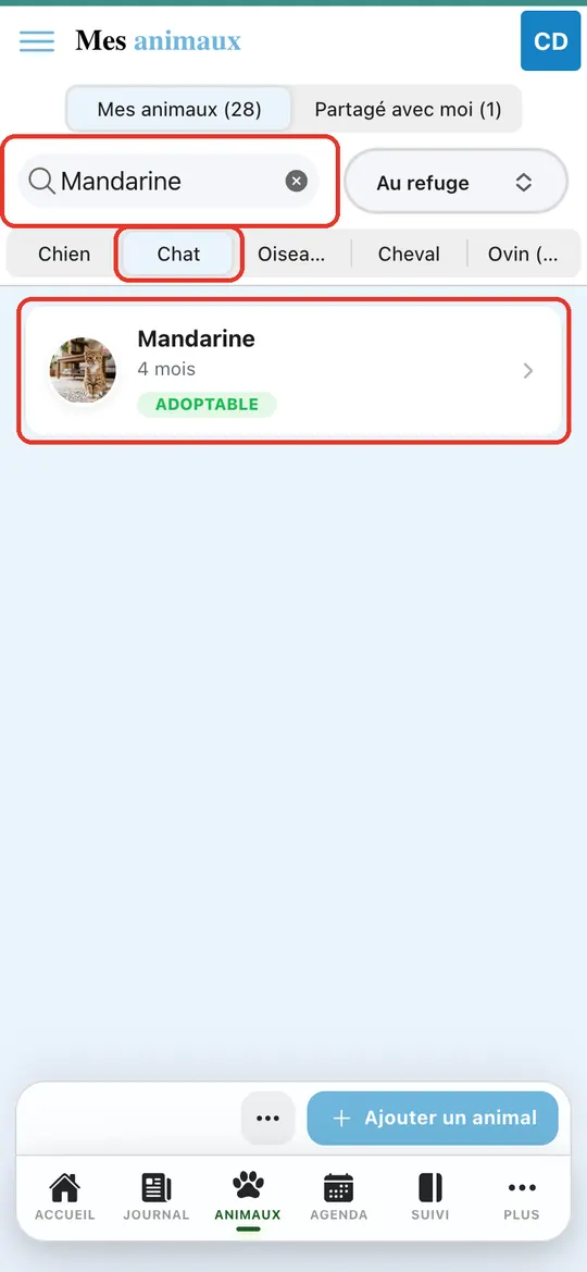 Capture de l'application : Liste des animaux, carte « Mandarine » (Adoptable)