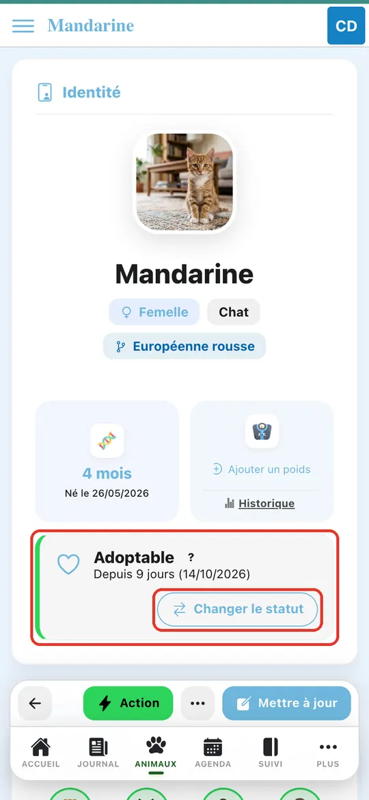 Capture de l'application : Fiche de Mandarine, bloc de statut « Adoptable ». Appui sur « Changer le statut »