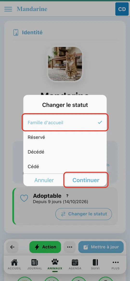 Capture de l'application : Liste des statuts possibles, « Famille d'accueil » coché