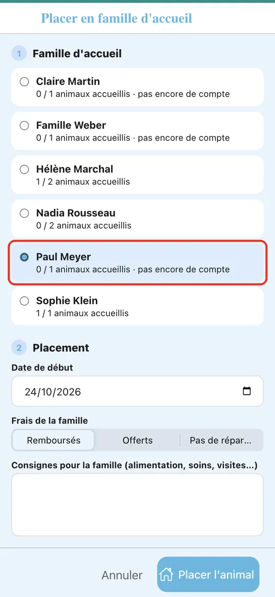 Capture de l'application : Écran « Placer en famille d'accueil » : sélection de « Paul Meyer »
