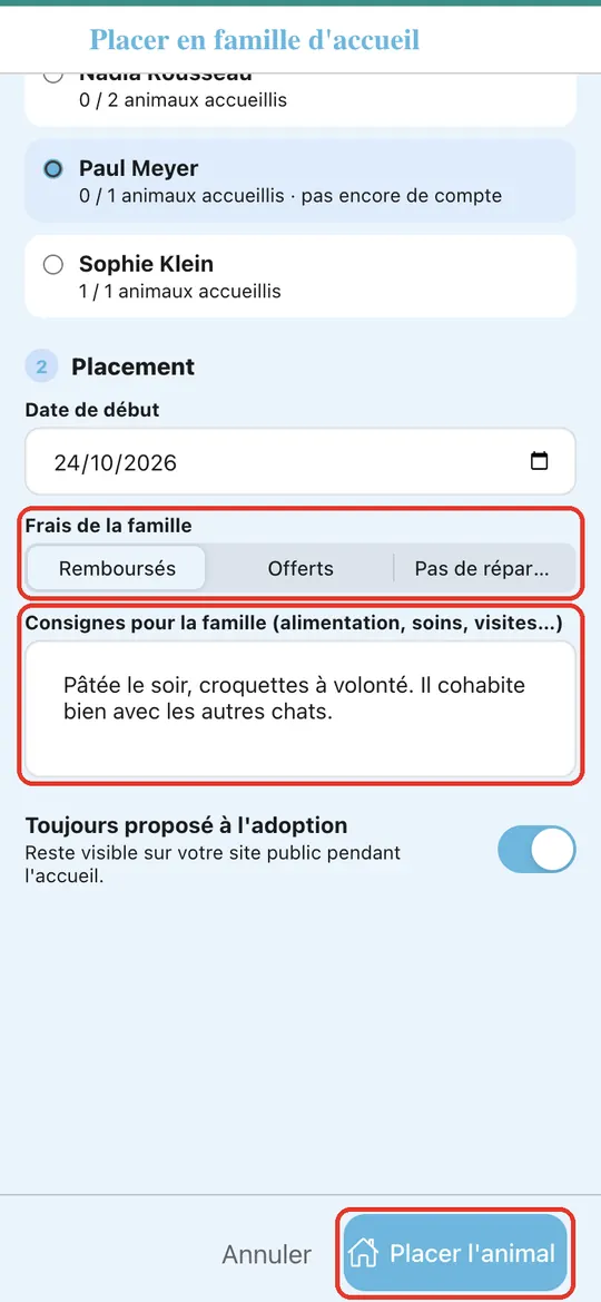 Capture de l'application : Frais « Remboursés », consignes saisies. Appui sur « Placer l'animal »